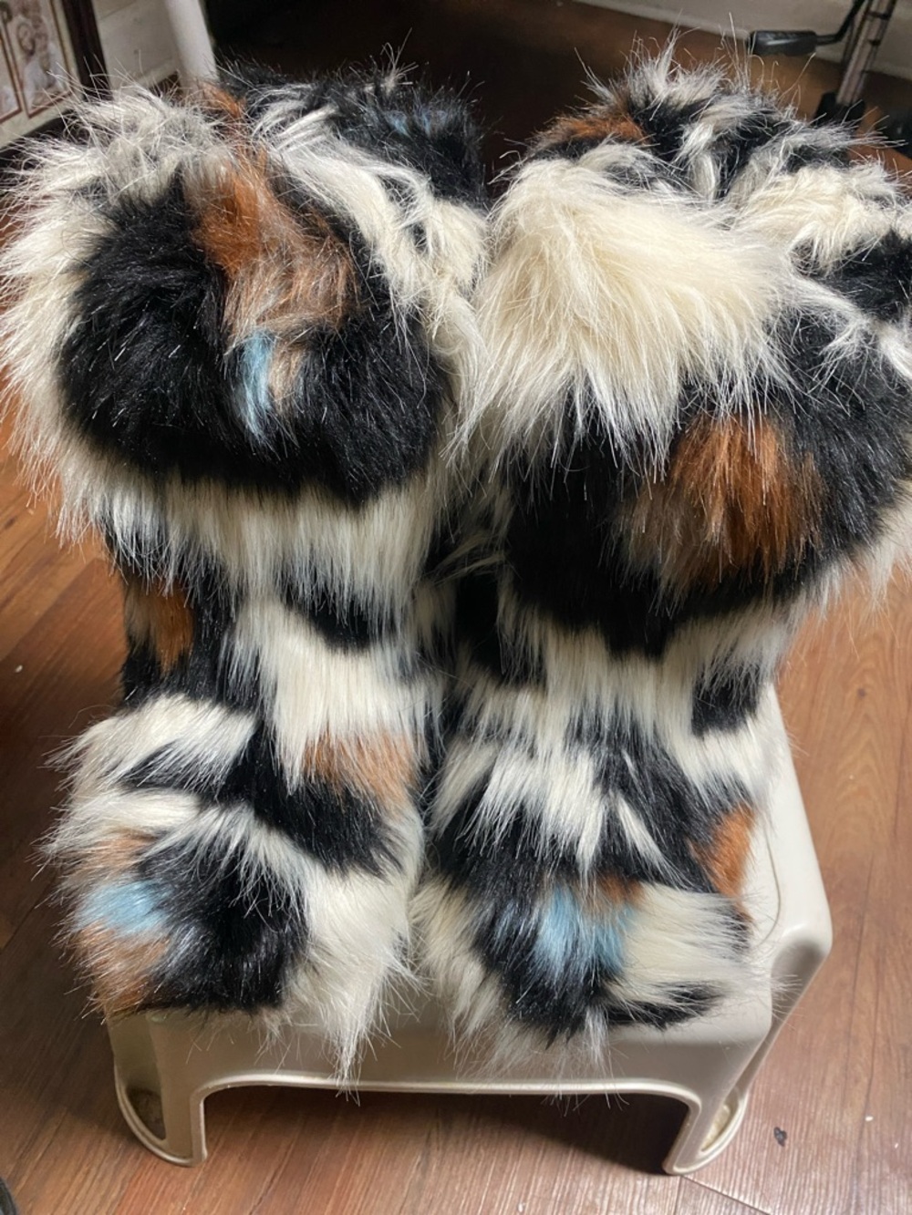 Faux Fur Multicolor Ankle Booties - Black, White & Brown